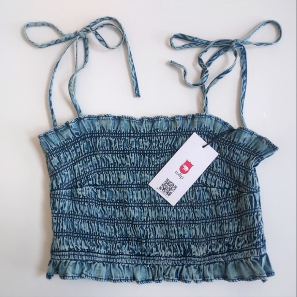 NWT Ladies Cotton Denim Tulip Creations Stretch Crop Cami W/Tie Shoulders Size L